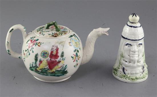 An enamelled saltglazed stoneware teapot, c.1780 and a novelty pearlware stirrup cup, c.1800, height 13.8cm, some restorations